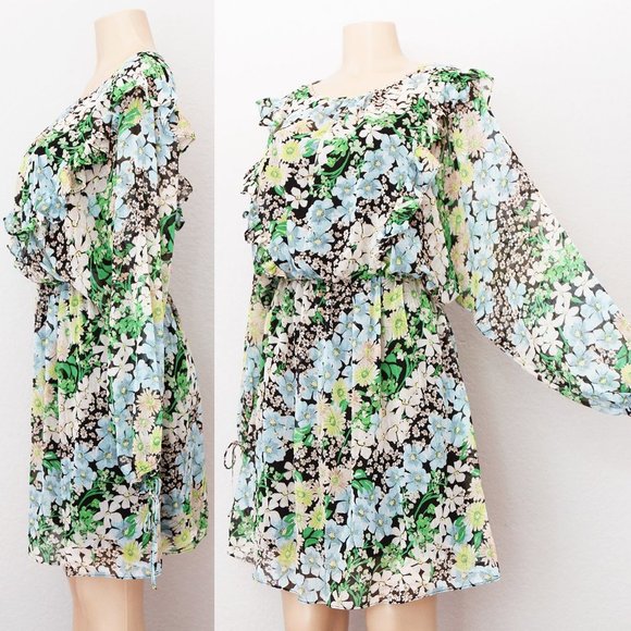 H&M Spring Summer Floral Flowy Chiffon Ruffle Trim Dolman Sleeves Dress M Green - Picture 8 of 14